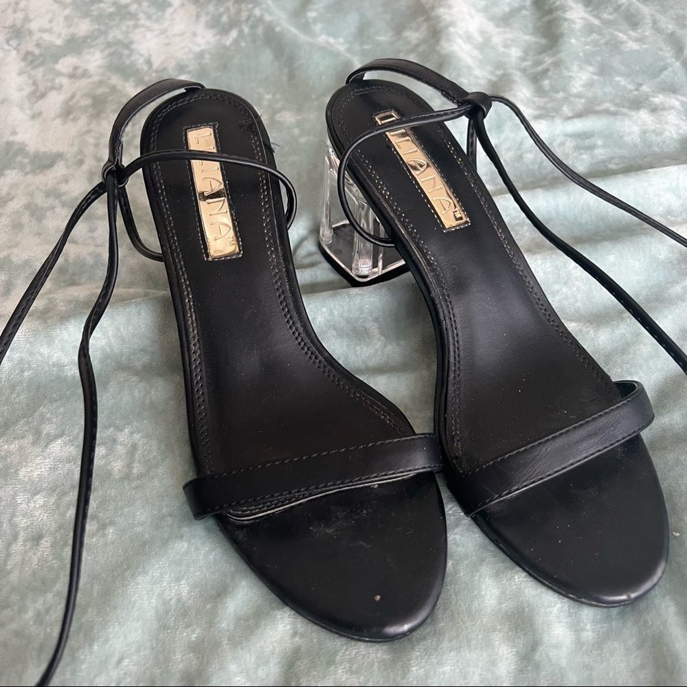 Black Lace Up Sandal with Clear Block Heel